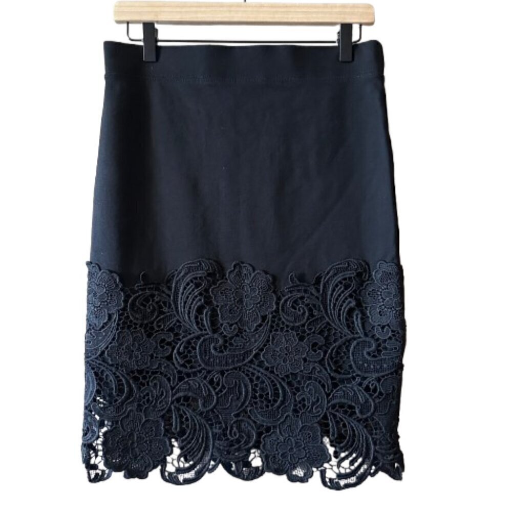 Women's L Haute Monde Black Lace Straight Skirt Pull On Business Casual